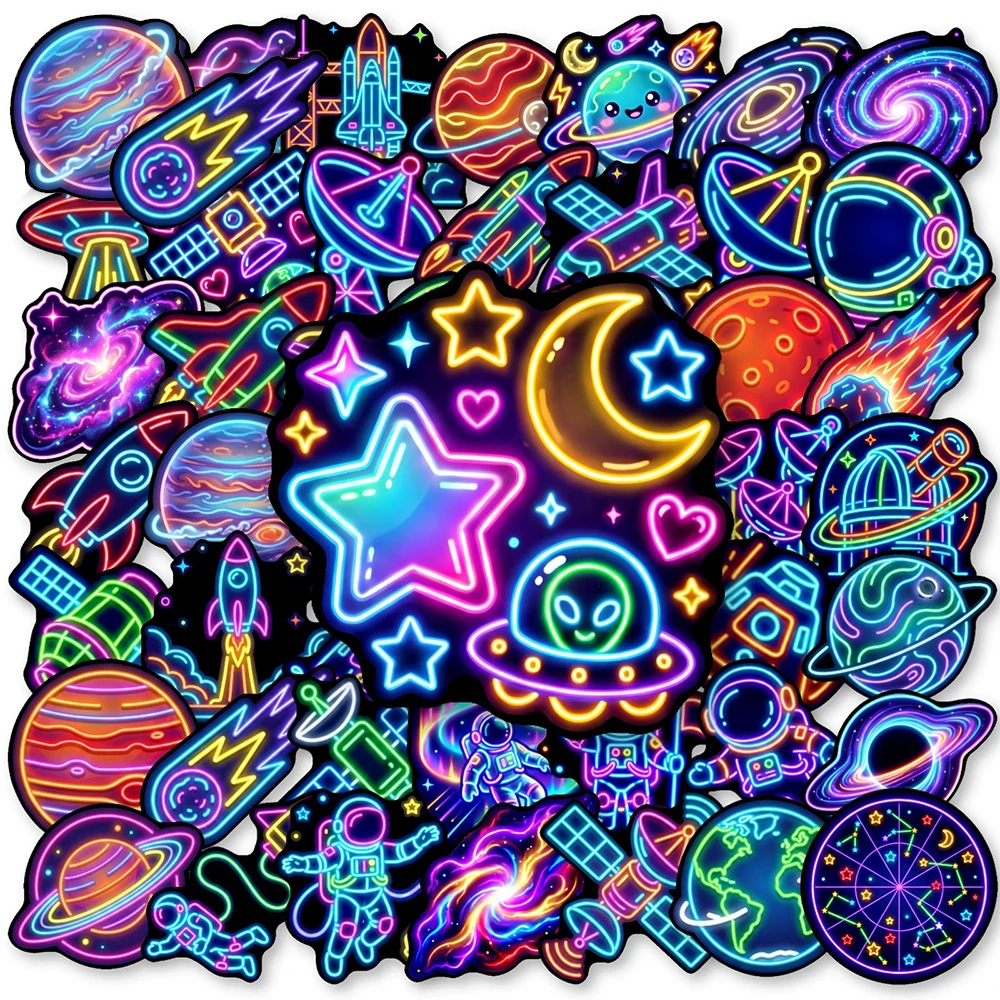 10/30/50pcs Funny Neon Light Space Theme Stickers Cute Cartoon Planets Astronaut Sticker Stationery Phone Notebook Decals Decor