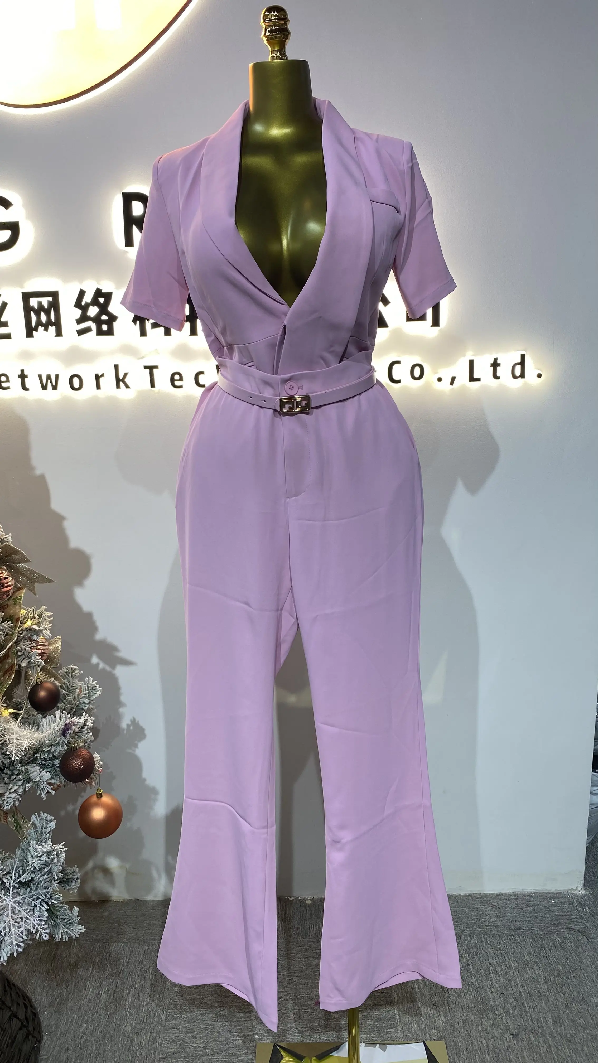 

Summer 2025 design short sleeve jumpsuit with lining for women long pants v back jumpsuit-GZMM124