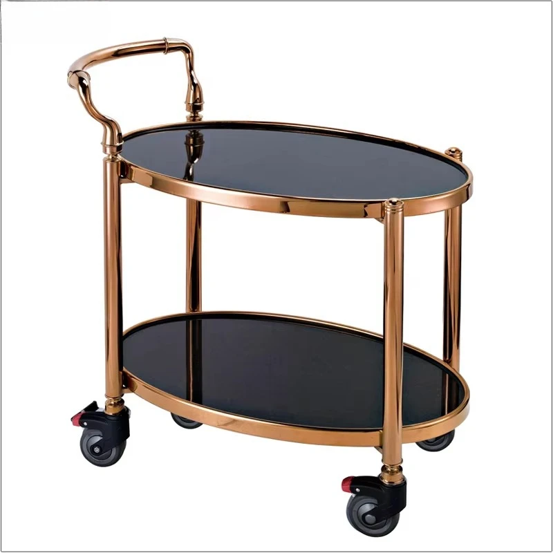 

Chef Quality Copper Luxury 2 Floor Hotel Room Service Cart Rose Gold Stainless Steel Folding Service Cart Cart