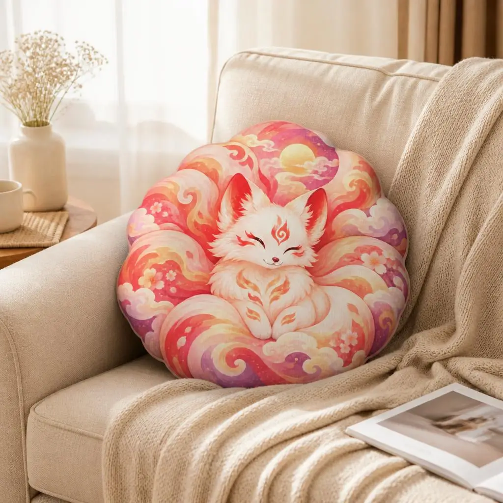 Cute Nine Tailed Fox Shaped Pillow Sleeping Kitsune Cushion with Sunset Clouds Fantasy Throw Pillow for Sofa Home Decor Gift