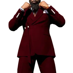 Burgundy Groomsmen Two Button Groom Tuxedo Peak Lapel Male Suits Wedding Best Man Blazer 2 Pieces (Jacket+Pant)  Men Suits