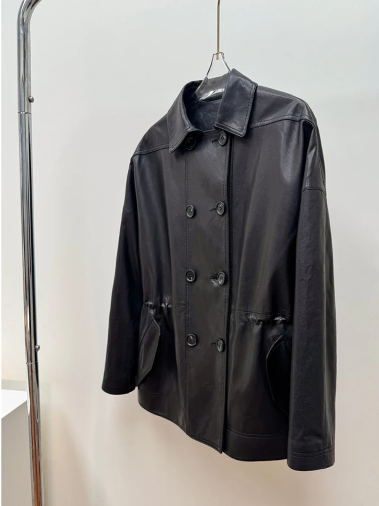 

Spring 2026 Women's Double-Buttoned Long Coat Casual Style Sheepskin Leather Warm Fleece Lined Standard Cut Fashion Outerwear