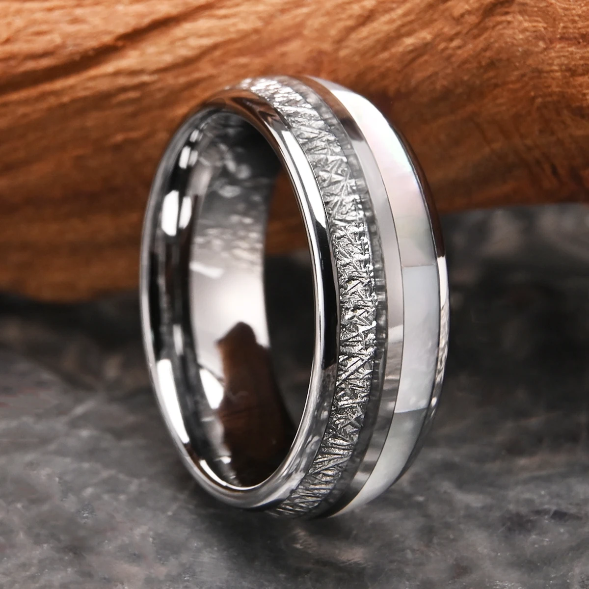 Couple's Mother-of-Pearl  Rose Gold Wedding Bands,8mm, 6mm Men's Tungsten Gold Ring,Couple's Matching Rings,Anniversary Gift view 5