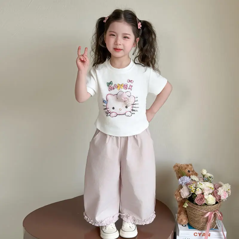 

cute kitten Girls' Summer Bow Short Sleeve Pants Set Girls' New Waist T-Shirt kids Fashion Wide Leg Pants Cartoon Two Piece Set