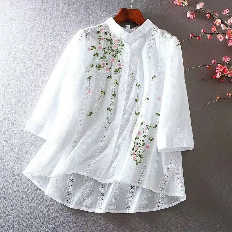 New Spring and Summer Qing New Literature and Art Lace Hollow Loose Relaxed Ruffle Edge Embroidered Standing Neck Shirt E3005