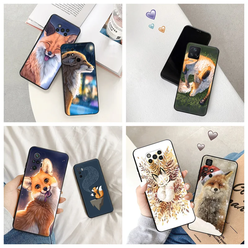 Silicone Black Phone Case for Xiaomi Mi Poco C61 F5 F4 GT F3 F1 X4 X3 X5 M3 M4 Pro M5 C51 C50 C40 Cartoon Raccoon Snow Fox Cover