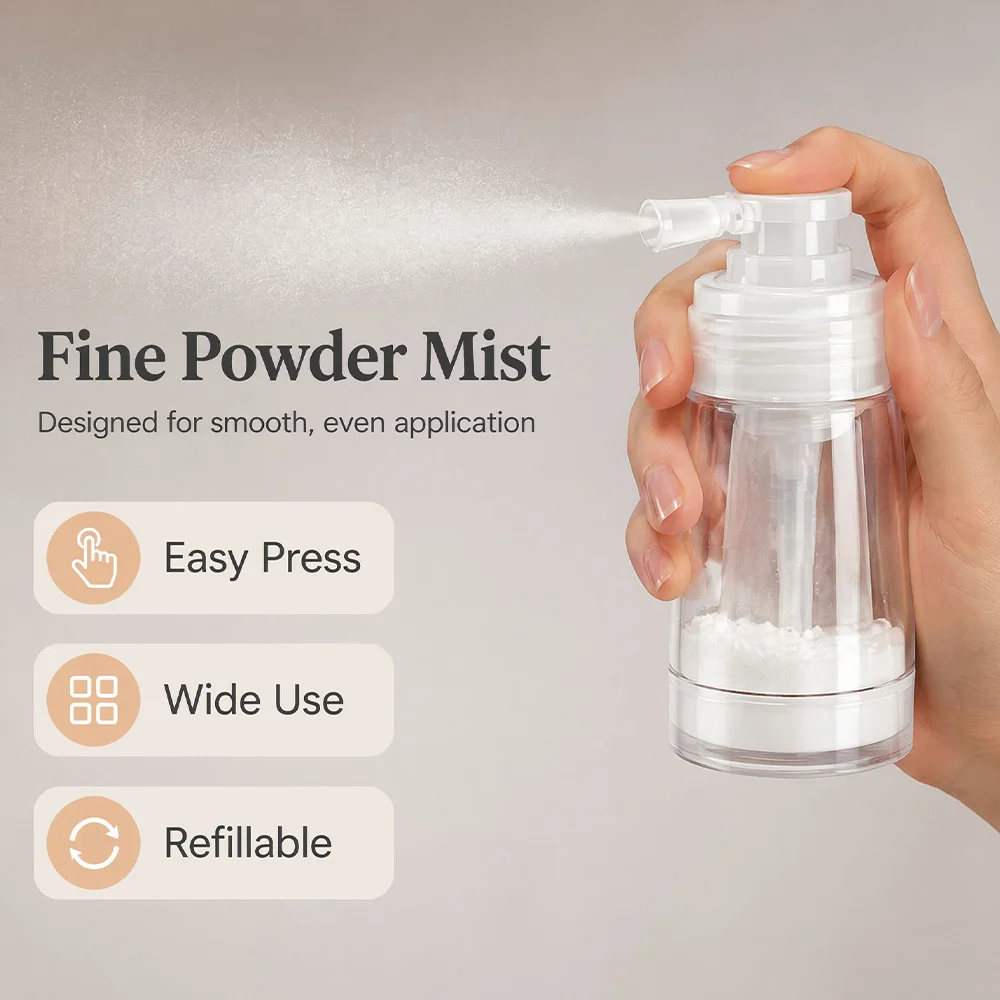 140ml Press-Type Dry Powder Spray Bottle, Transparent Portable Loose Powder Dispenser, Nail Glitter Spray Bottle, Baby Powder Spray Canister, Household Fine Mist Powder Sprayer