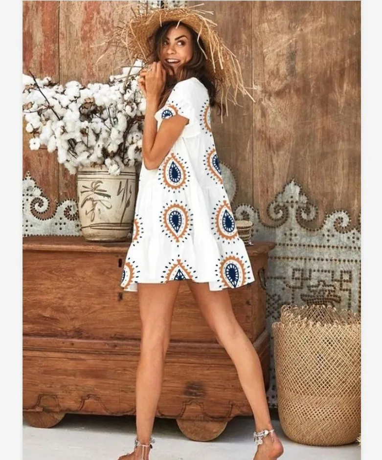 عطلة خمر فستان مُزين بطباعة صيف 2024 جديد أنيق قصير فساتين النساء كشكش الأكمام عادية الجولة الرقبة ألف خط فساتين الإناث