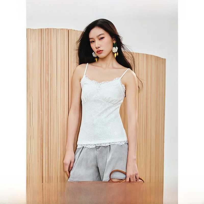 

Ele Lace Small Strap Vest Pure Desire Top Inner Wear Base irt Outerwear Cotton Nylon Polyester Spandex Spring Youth Women