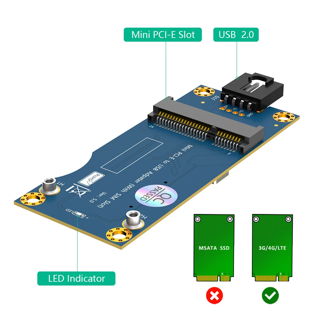ADT-Link Mini PCI-E to SIM Adapter Card Industrial Grade (Horizontal Interface) USB 2.0 Mini PCIE to SIM Adapter Card
