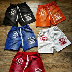 Shorts de algodão com letras estampadas em espuma para homens e mulheres, moletom de tecido espesso, moda de rua, calça casual de cinco minutos, verão americano