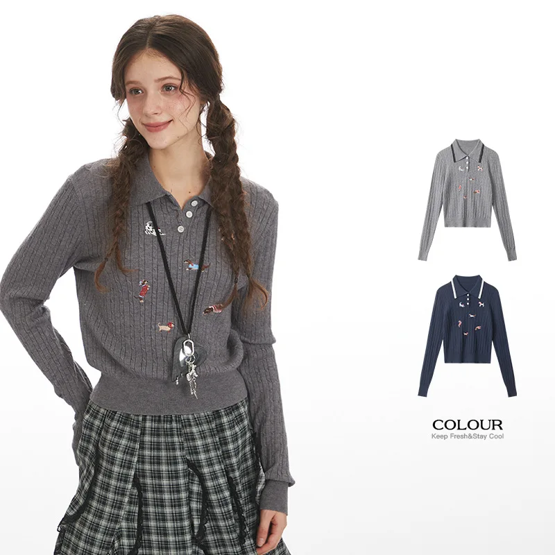 

HeyHenry College Style с длинным рукавом и воротником-поло, вязаный свитер, женский облегающий осенний топ с короткими рукавами и плечами