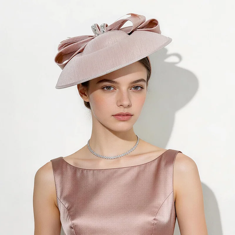 

2026 Luxury SLUBBED FABRIC Fascinator Hat Hairbands for Women Large Bow Rhinestone Wedding Party Bride Hat Fascinators Headpiece