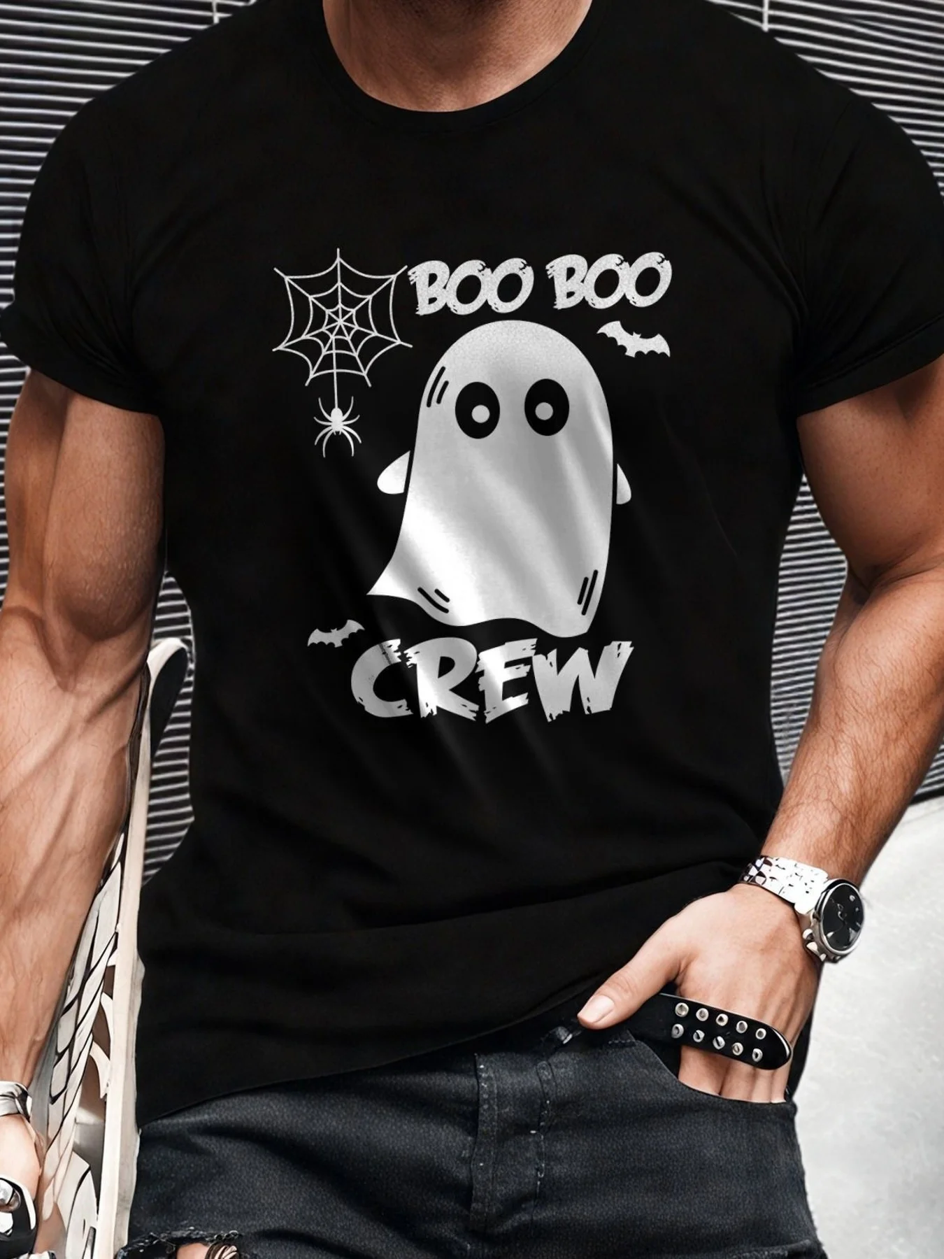 Trendy Men's Short-Sleeve T-Shirt with Ghost Theme Design