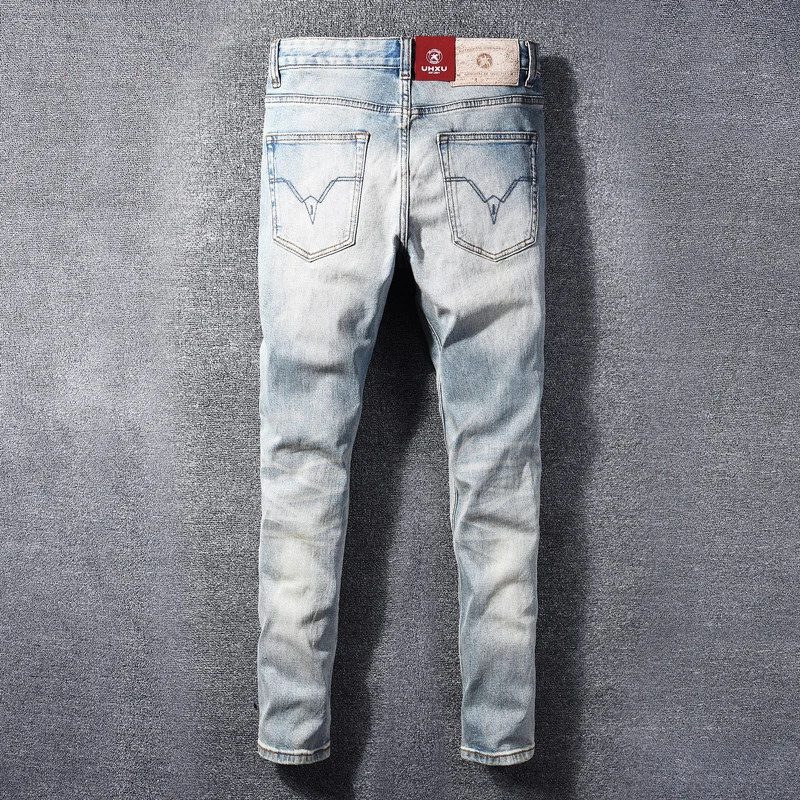 Street Designer Fashion Men Jeans High Quality Retro Light Blue Patched Ripped Jeans Men Stretch Slim Vintage Y2K Denim Pants