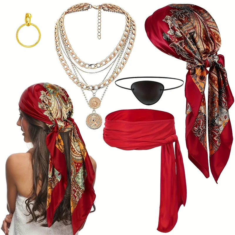 Set di accessori per costumi da pirata di Halloween per adulti per uomini e donne, cappello bandana da pirata per festa di carnevale con collana