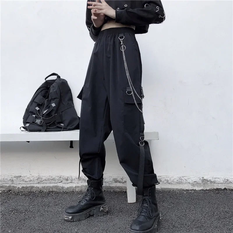 ผู้หญิงกางเกง Cargo 2025 Harem กางเกงแฟชั่น Punk กระเป๋า Jogger กางเกงโซ่ Harajuku Elastics เอวสูง Streetwear