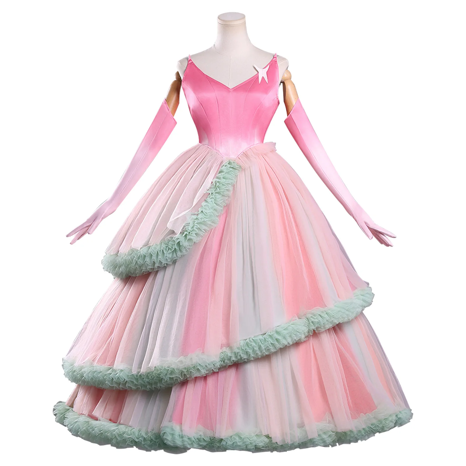 

Wicked Witch2 Glinda Cosplay Costumes Pink Pastel Layered Tulle Dress With Gloves And Headwear Dress Up For Halloween Party Suit