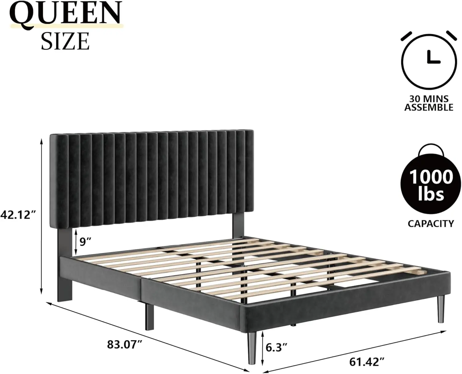 Queen Size Bed Frame with Velvet Upholstered Headboard, Platform Bed with Strong Wood Slats, Mattress Foundation, Box Spring