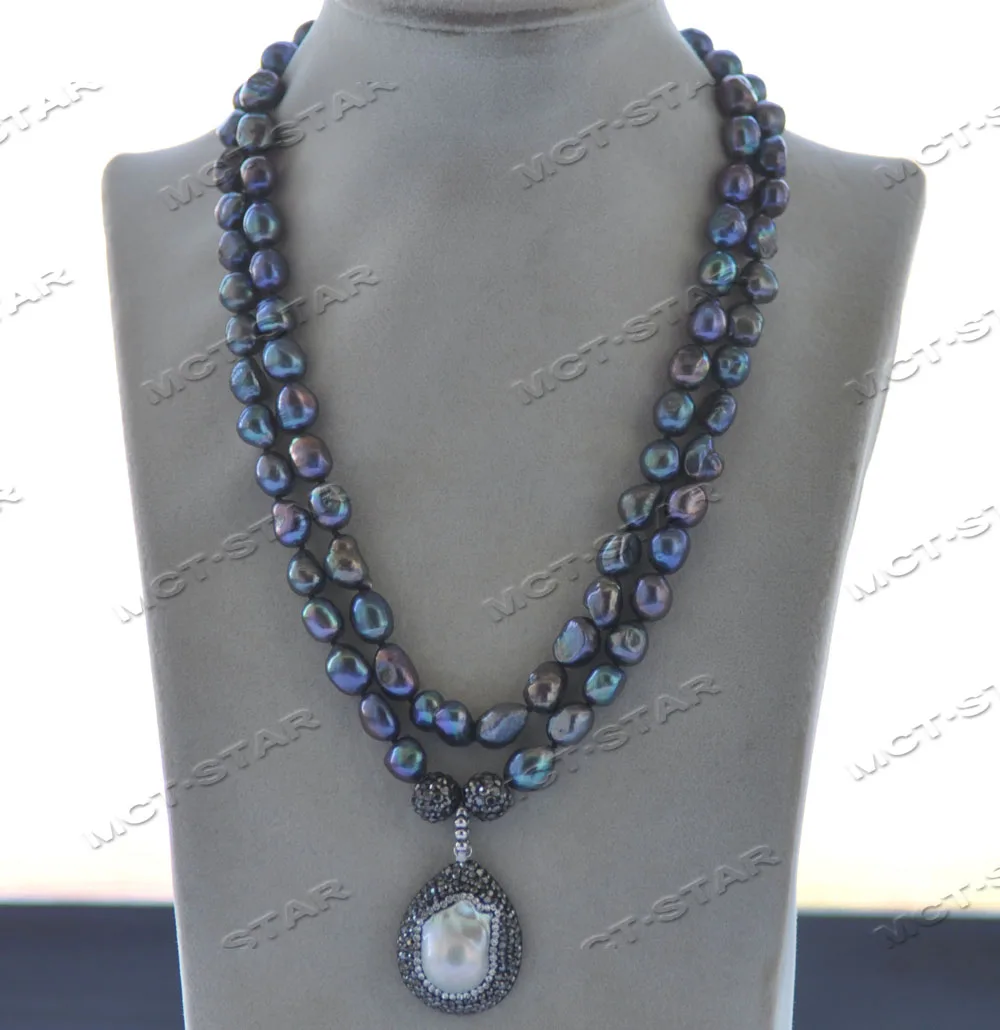 

Z12297 2Row 20" 30mm Black Baroque Pearl Necklace White CZ Pearl Pendant