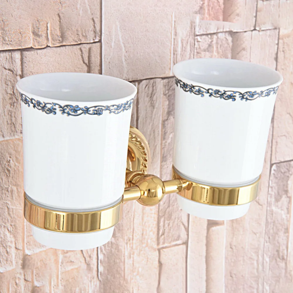Luxury Gold Color Brass Toothbrush Holder Bathroom Accessories Toothbrush Holder Ceramic Cup Wall Mount zba597