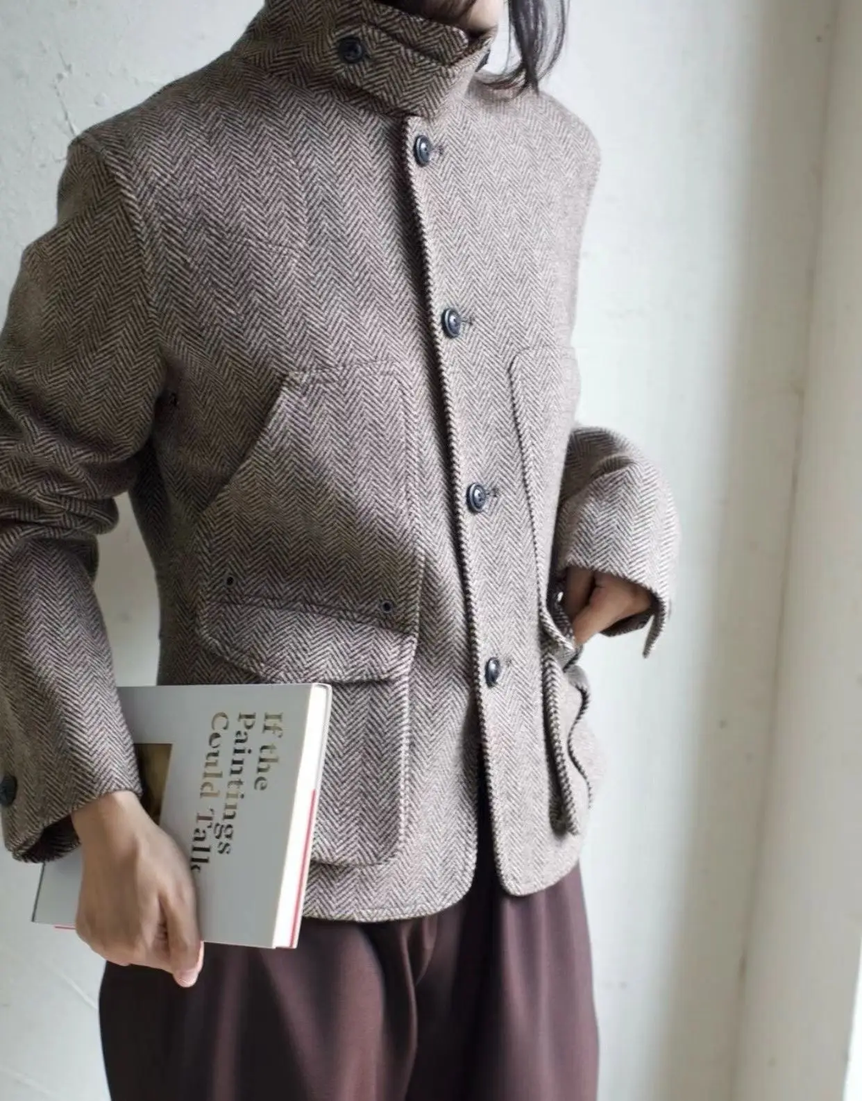 Old Money Style Women Herringbone Wool Jacket Stand Collar Button Down Vintage Casual Coat with Patch Pockets