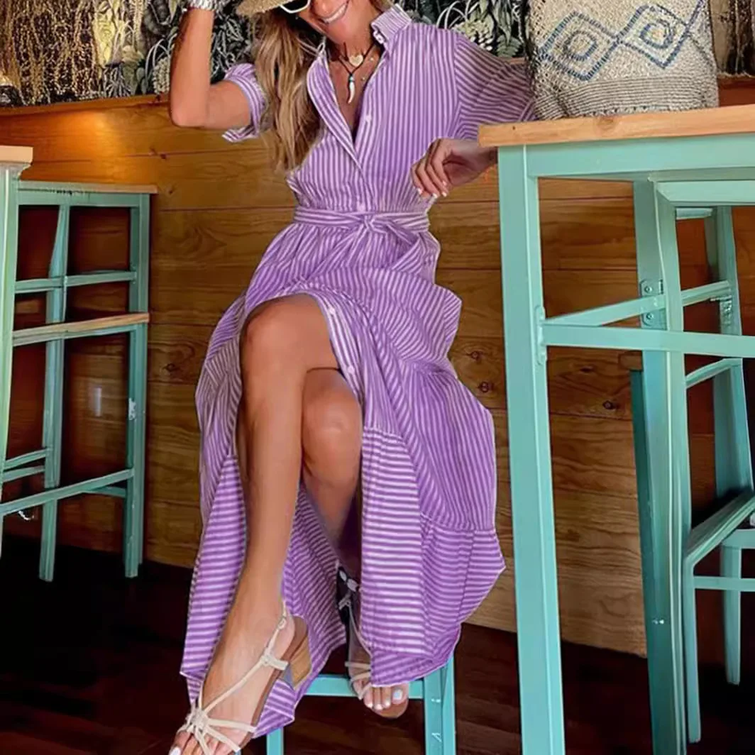 فستان نسائي مخطط بوهيمي من Vestidos Formales Mujer جديد بأكمام قصيرة ورقبة على شكل حرف v وصدر واحد على شكل حرف a قميص لقضاء العطلات على الشاطئ #2