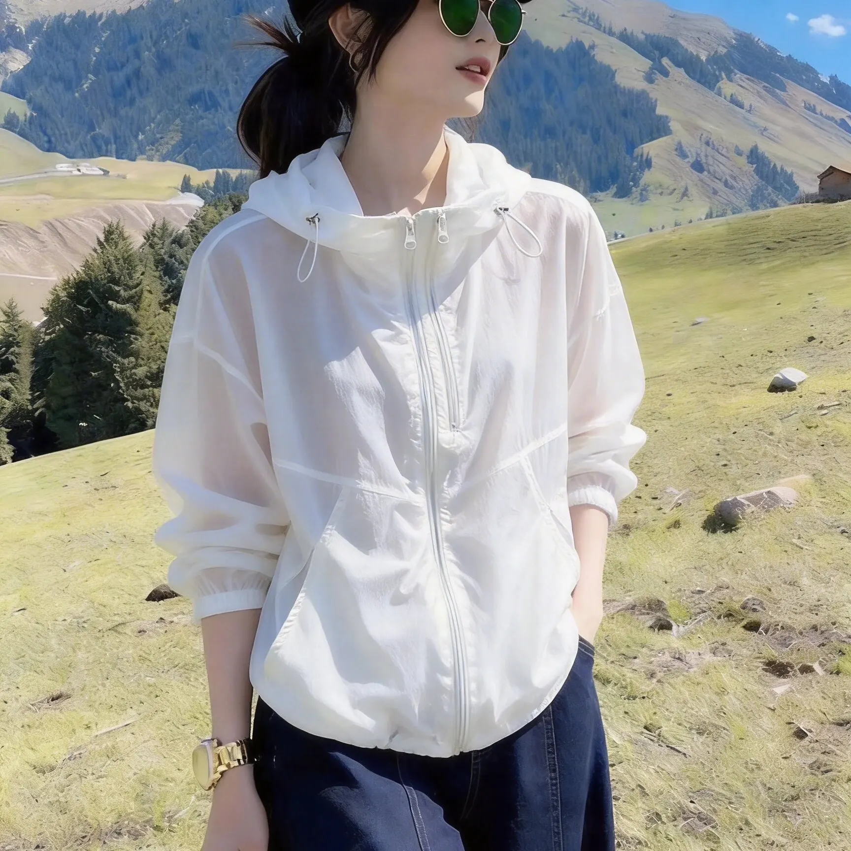 

Ultra-Thin Double Zipper Short Jacket Loose Fit Lazy Style Outdoor Sun Protection Clothes for Small Stature Women