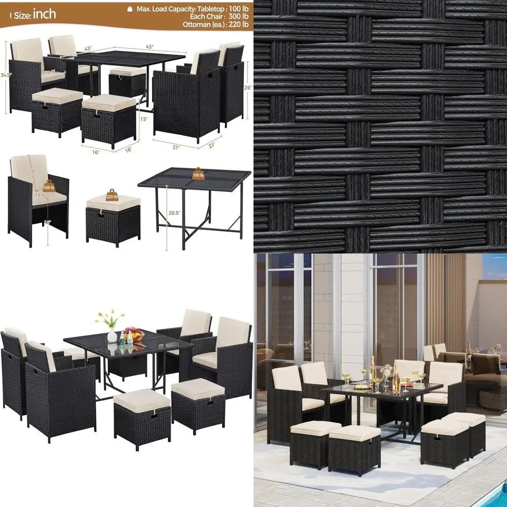 

Space-Saving Outdoor 9-Piece Patio Dining Set with Rattan Chairs and Glass Table, Wicker Sectional Furniture with Removable Cush
