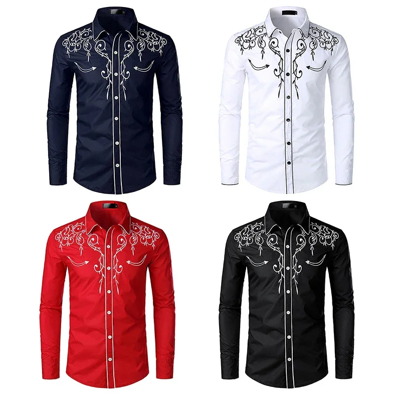 New Men\'s Retro Embroidered Shirt Western Cowboy Long Sleeve Slim Shirt Fashion Casual Button Stand Collar Party Business Shirt