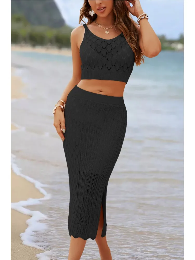 

Solid Color Round Neck Vest Dress Two-piece Fashion Slit Long Skirt Suit 2026 Summer New Waistless Women's Suit