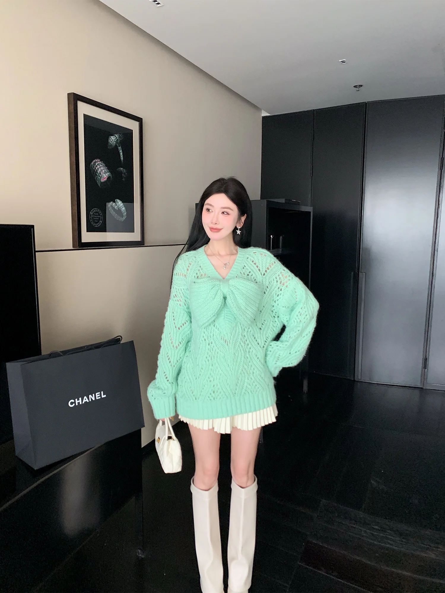 

LADIESFIRST Sweet Sle Sweater Women's Hollow Design Removable Knot Soft Mint Color Knitted Long Sve round Ne