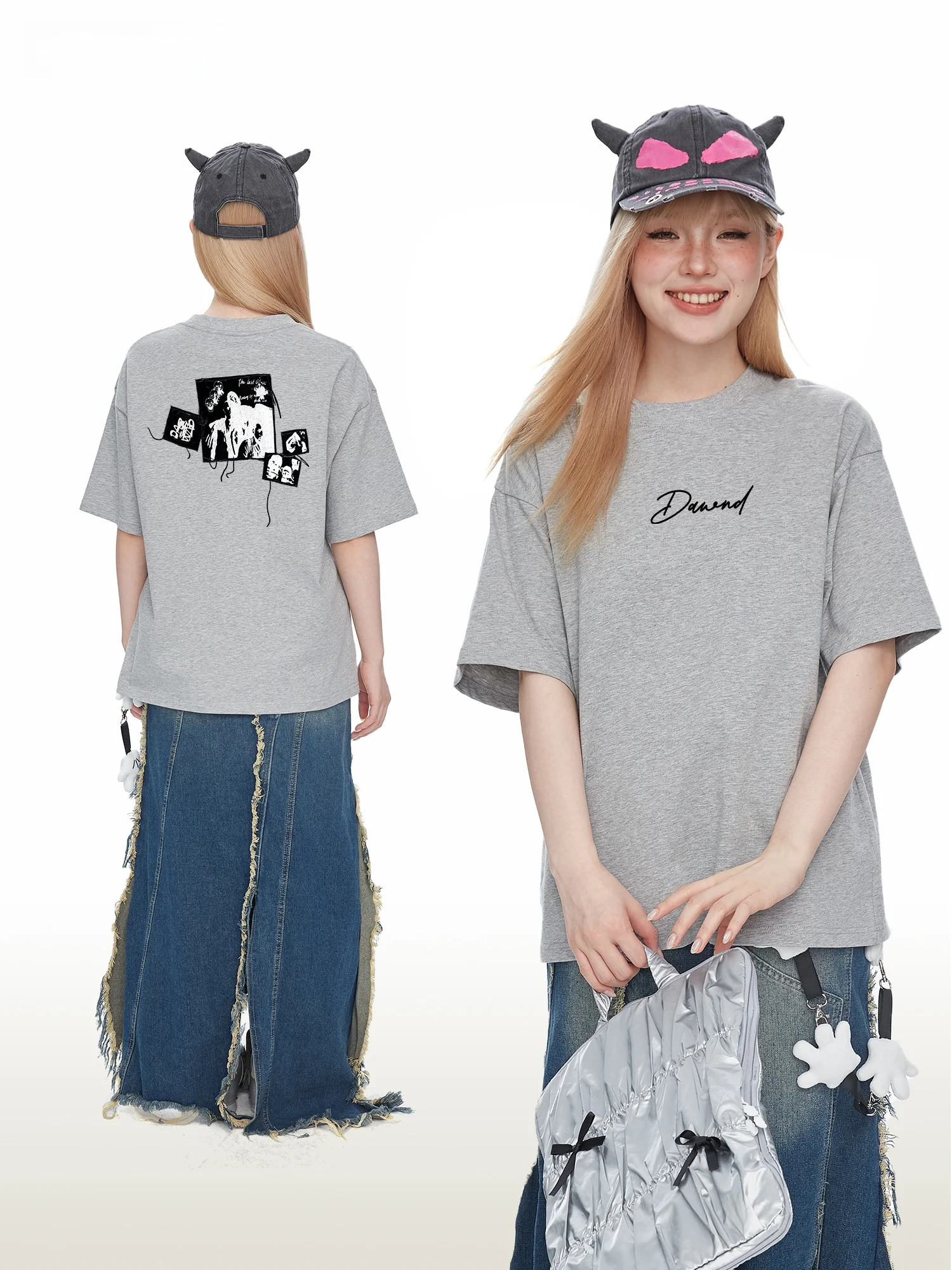 Dawn D American Letter Shadow Short Sleeve T-Shirt Women Loose Pure Cotton Summer Couple Half Sleeve Top Casual Print round Neck