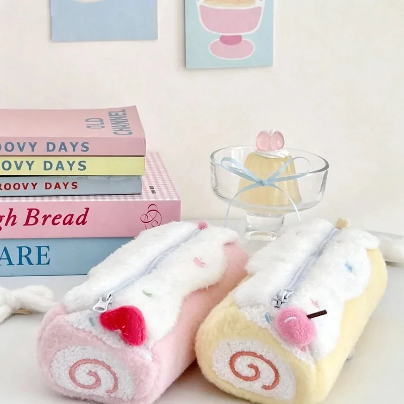 Cute Kawaii Swiss Roll Cake Plush Desktop Large Capacity Storage Pencil Case Zipper Pouch Cosmetic Bag Girl Student Gift lovely