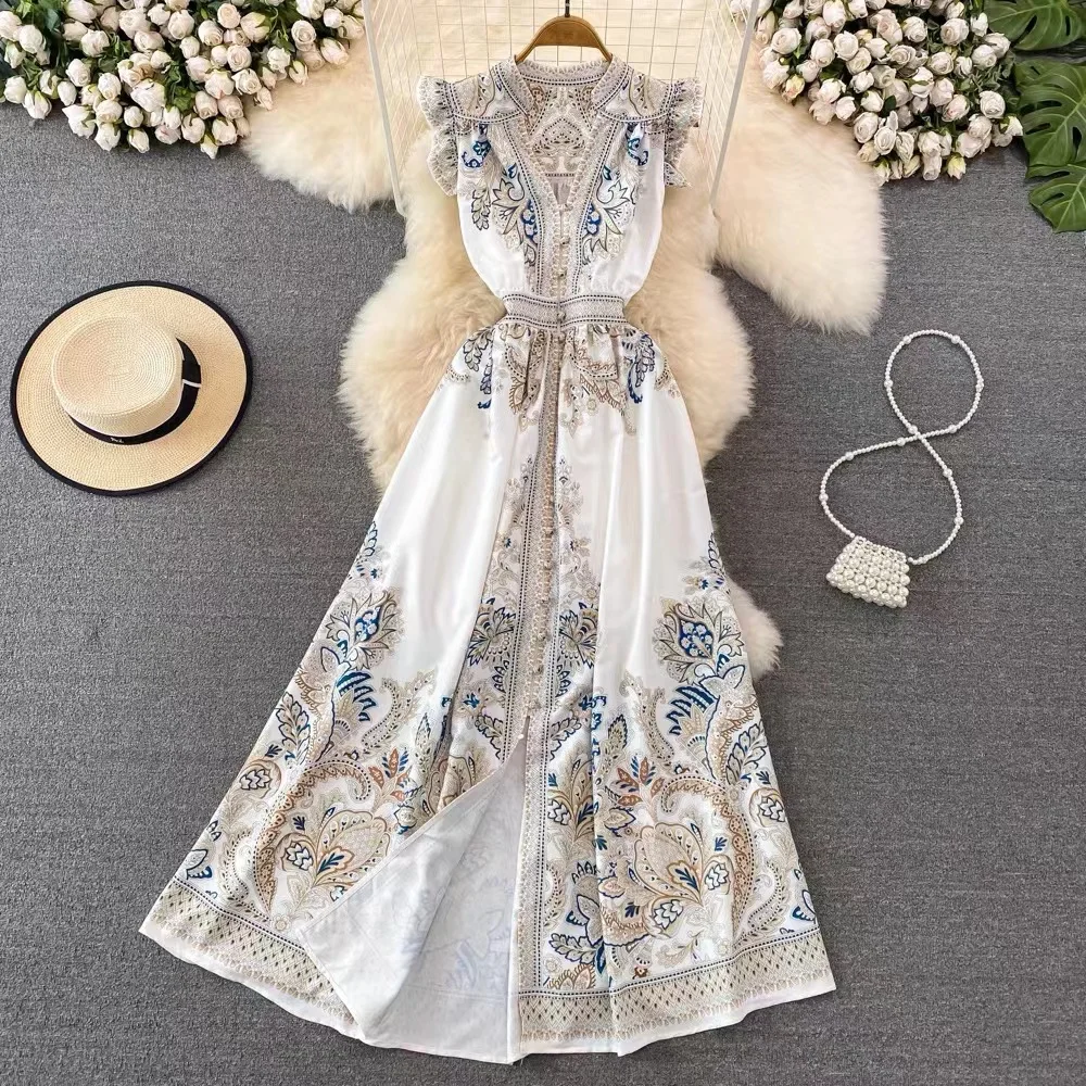 Imagem -03 - Vestido Longo Estilo Palácio Retrô Peito Único Impressão Posicionada Mangas Voadoras Lapela Luxo Leve Linha a Elegante