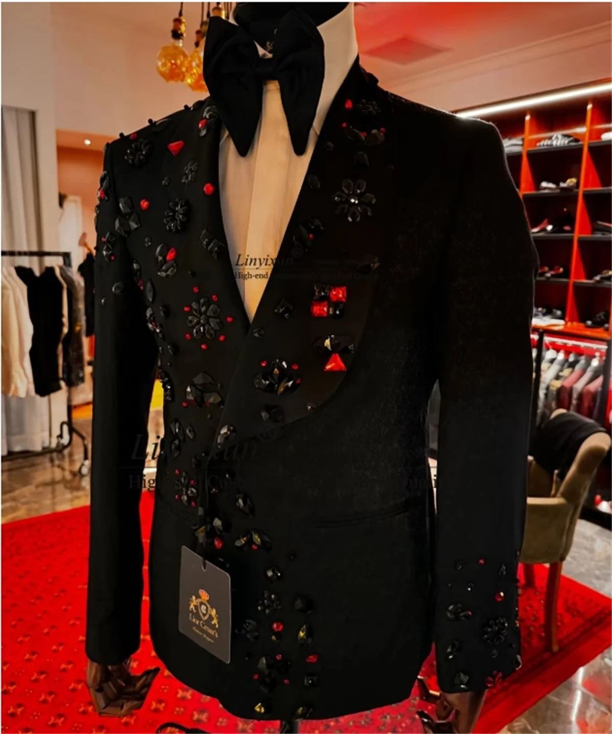 Luxury Beaded Crystals Men Suits Fashion Jacquard Groom Wedding Tuxedos 2 Pieces Sets Male Prom Blazers Customized Costume Homme