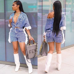 Sexy Denim Coats Jean 2 Piece Matching Pant Set Outfits 2023 Summer Women Clothes Y2K Shorts Suits Sets Cropped Jacket Tracksuit