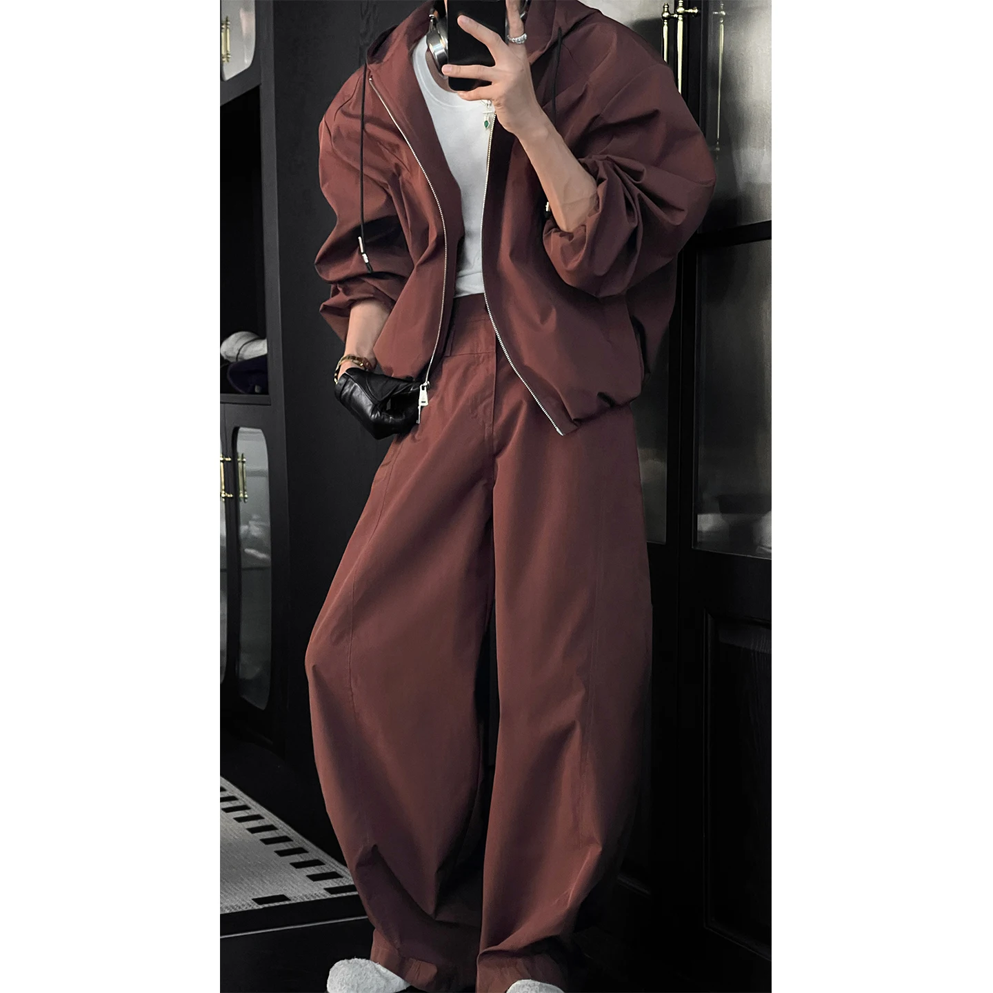 Men's 2025 Autumn New American Style Two-piece Sets Outdoor Hooded Jackets Simple Loose Coats Comfort Pants Solid Color 2pcs