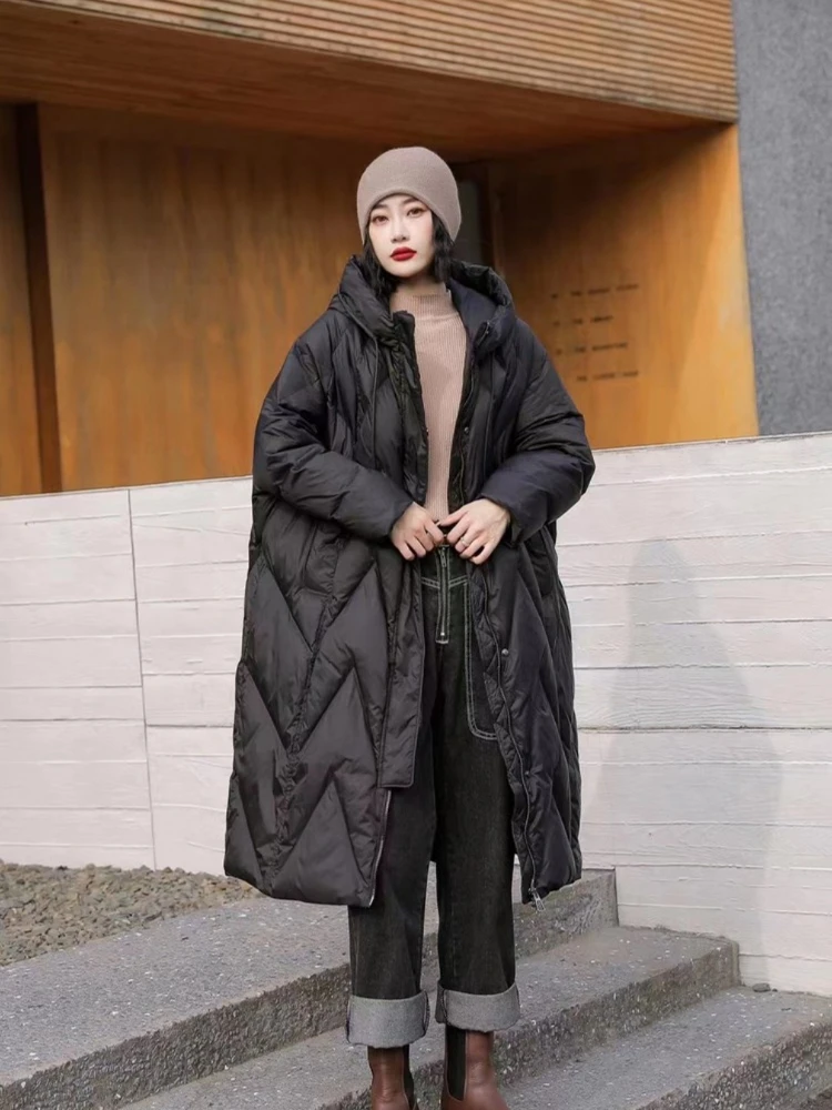 Winter Jacket for Women Loose Long Down Coats 90% White Duck Down Hooded Casual Loose WarmThick OverSize Female Overcoat Winter