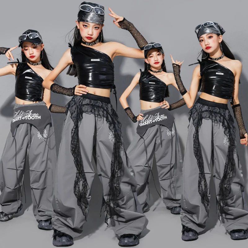 

Hip Hop Dance Girls Clothes Jazz Outfit Black Crop Top Gray Loose Urban Dance Pants Kpop Stage Show Costume Streetwear AMY2320