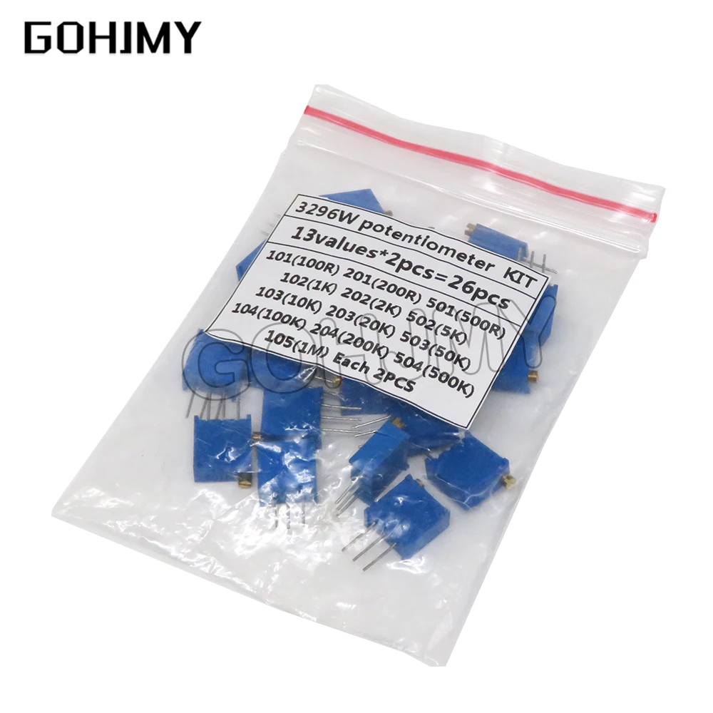 

13kinds*1PCS=13PCS 3296W adjustable potentiometer Kit contains 100R 200R 500R 1K 2K 5K 10K 20K 50K 100K 200K 1M