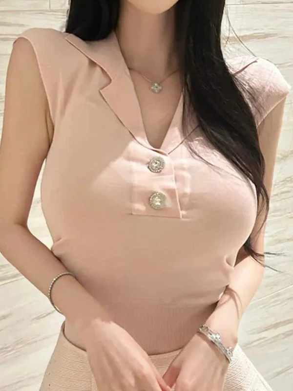 Sexy Spicy Girl Women's Flavor Turn-down Collar Slim-fit Sleeveless Knitted Sweater Comfortable Breathable Fine Gauge Knit