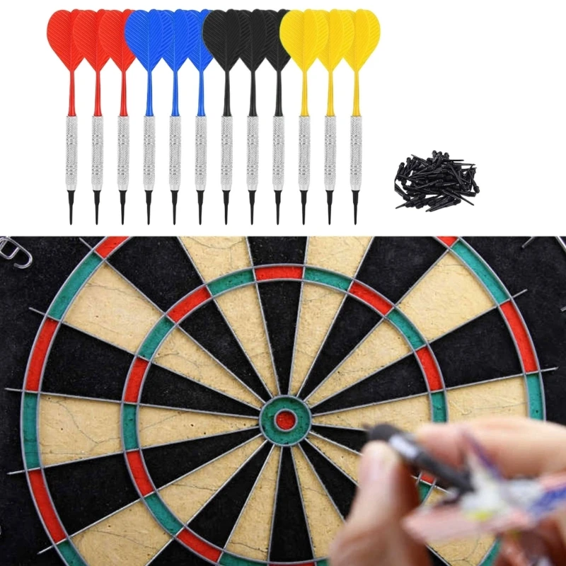 Safe Darts 12Pieces 14g Darts Set Soft Plastic Tip Plastic Barrels Iron Nickel Plated Shaft Plastic Flight with 100 Tip