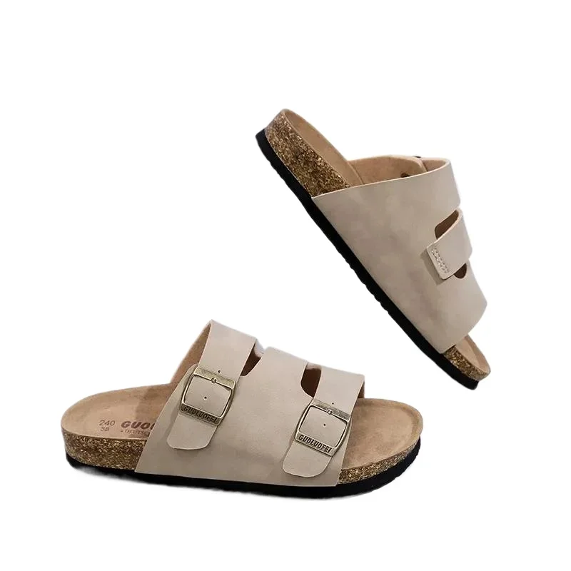 2024 Mannen Vrouw Kurk Voetbed Slipper Lederen Sandalen Schoenen Plat Platform Sandalen