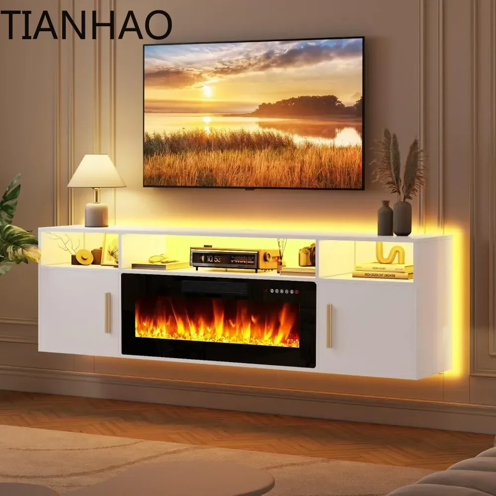 Fireplace TV Stand 70'' Wall Mounted Shelf, LED Light Entertainment Center and Storage, Wood Media TV Console