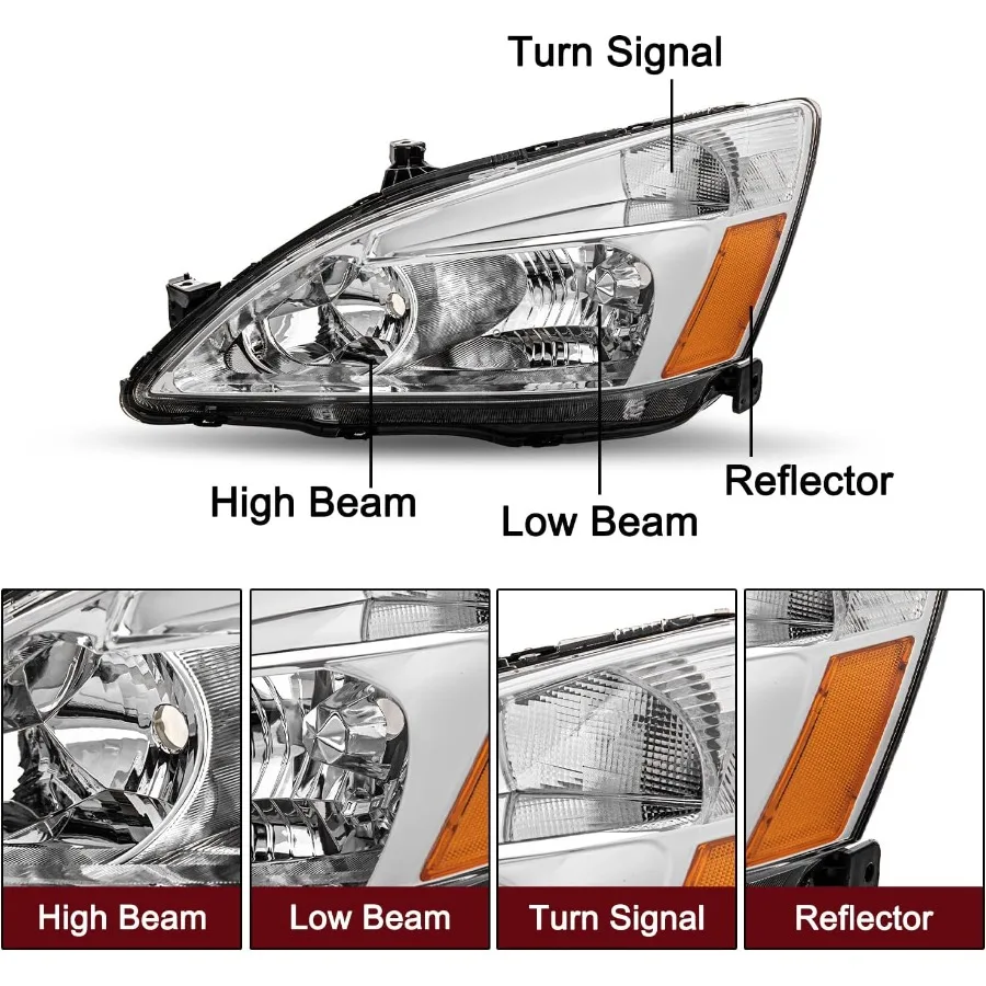 مجموعة المصابيح الأمامية متوافقة مع مبيت هوندا أكورد كروم 20032007 مع عاكس كهرماني للركاب وجانب السائق Appl