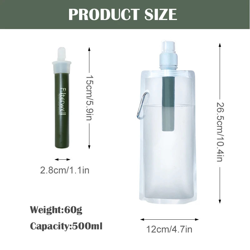 Outdoor Water Filter Straw Bottle for Survival or Emergency Supplies Camping Purification Water Purifier Bag Camping Hiking