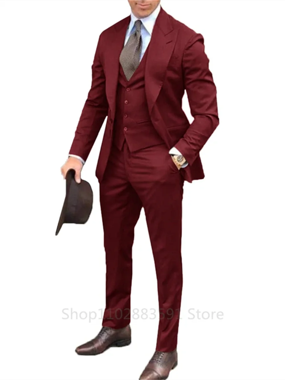 

3 Pieces Burgundy Men Suit Formal Peak Lapel Slim Fit Groom Tuxedos Best Man Suits For Wedding/Business (Jacket+Vest+Pants)