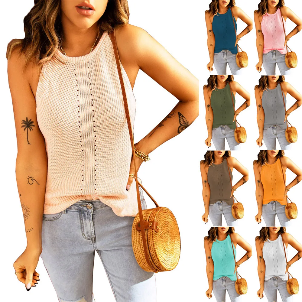 T Shirt Women Europe New 2022 Sleeveless Garment Beach Pure Color Neck Type Knitting Loose Small Vest Tshirt OLNAL60351