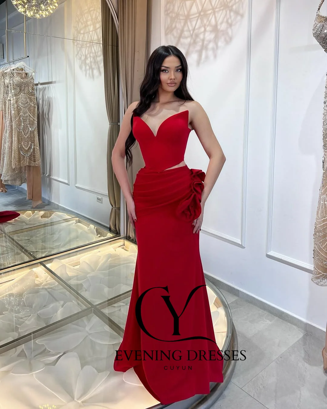 CUYUN Red Sexy Women Evening Gown for Special Occasion Strapless 3D Flowers Pleated Party Dresses Customized Banquet Dresses